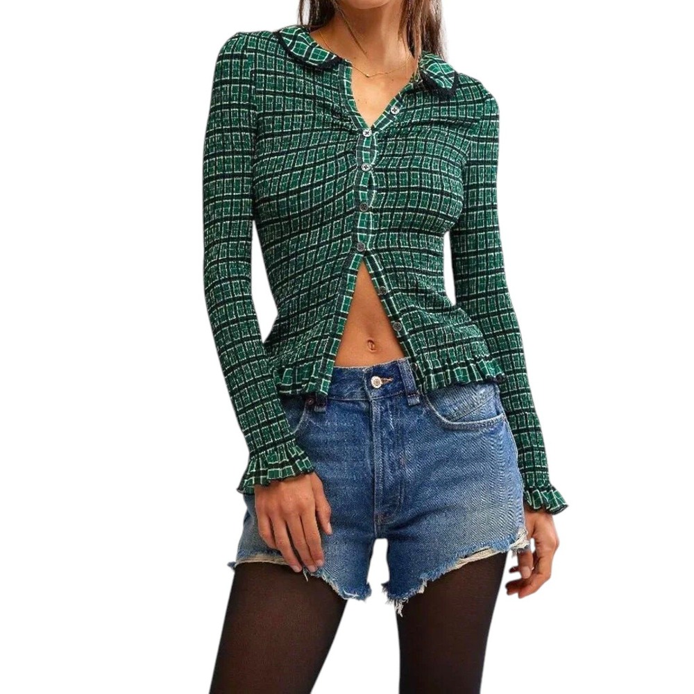 Free People Caught A Feeling Cardi Women L Green Smocked Jersey Ruffle Top NEW